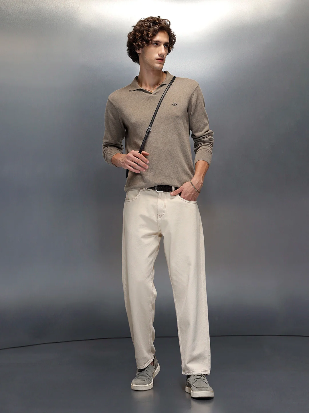 Wrogn Men's Casual Loose Fit Jeans with Contrast Stitch Detail | Khaki - Image 2