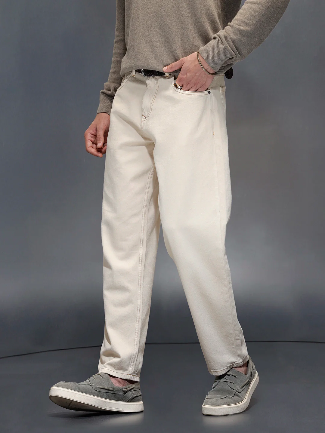 Wrogn Men's Casual Loose Fit Jeans with Contrast Stitch Detail | Khaki - Image 4
