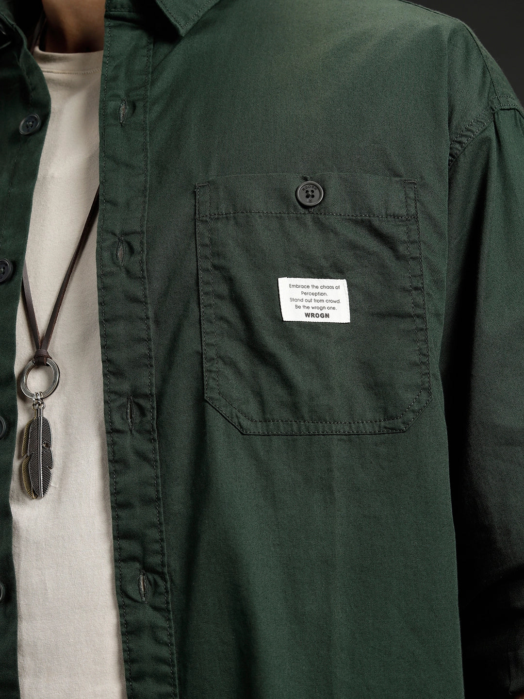 Wrogn Men's Casual Oversized Shirt | Green - Image 5