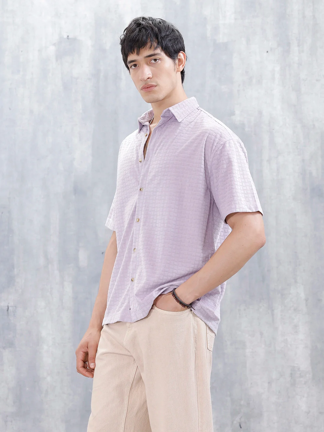Wrogn Mens Casual Self Textured Oversized Shirt | Purple - Image 4