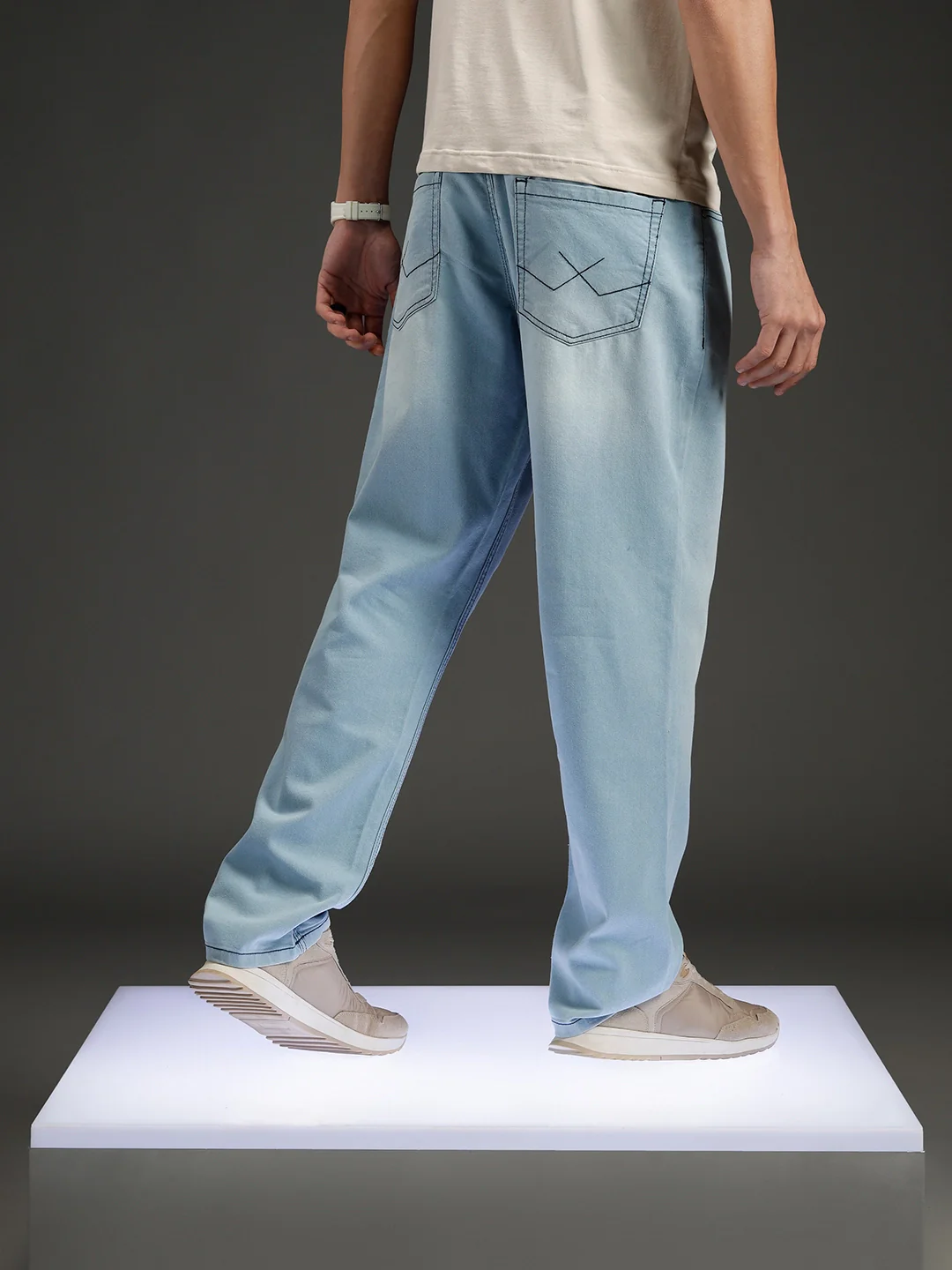 Wrogn Men's Casual Straight Fit Jeans with Contrast Stitch Detail | Light Blue - Image 3