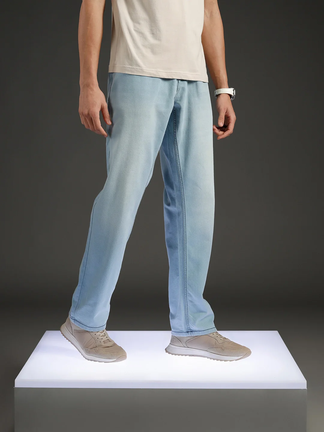 Wrogn Men's Casual Straight Fit Jeans with Contrast Stitch Detail | Light Blue - Image 4