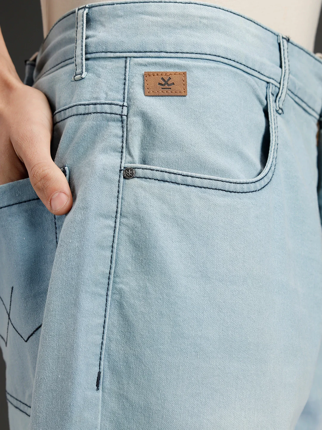 Wrogn Men's Casual Straight Fit Jeans with Contrast Stitch Detail | Light Blue - Image 5