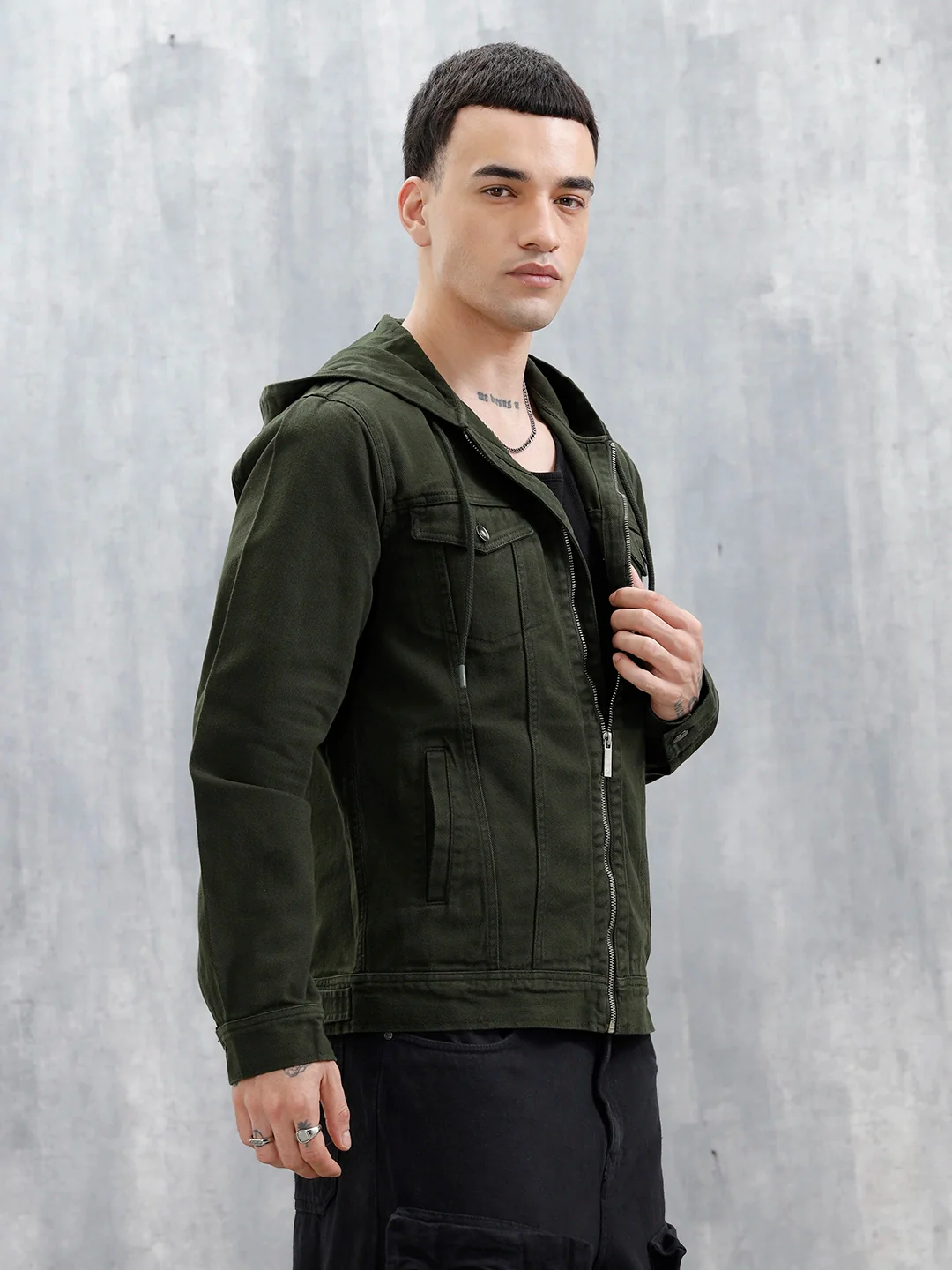 Wrogn Men's Casual Zip-Up Hooded Jacket | Olive - Image 4