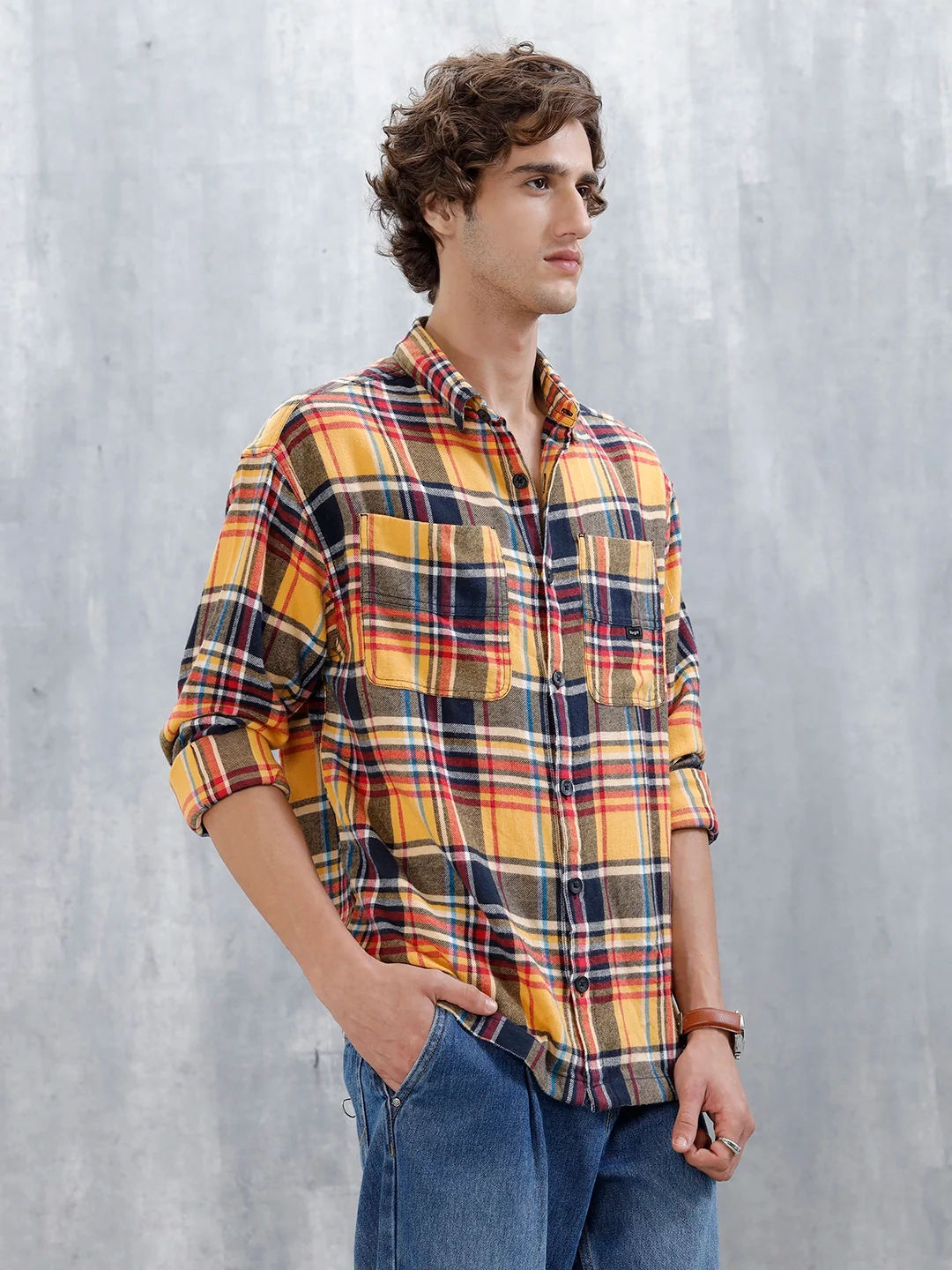 Wrogn Men's Checked Oversized Shirt | Yellow - Image 4