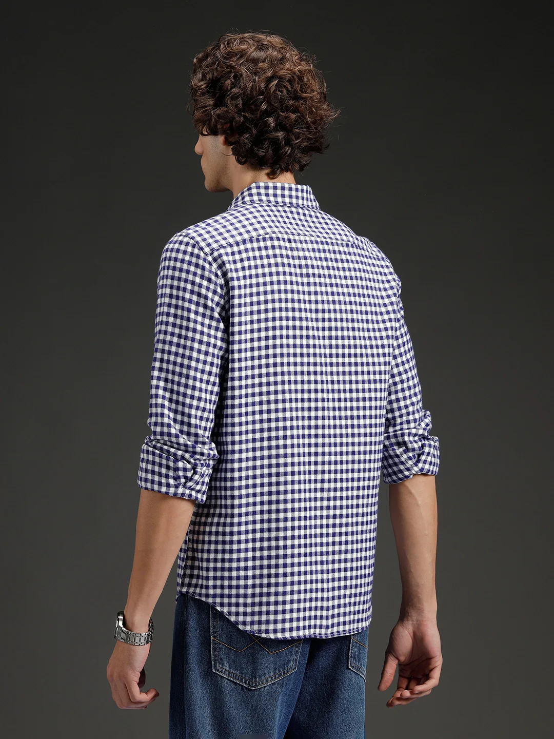 Wrogn Men's Classic Gingham Checked Shirt  | Navy Blue - Image 3