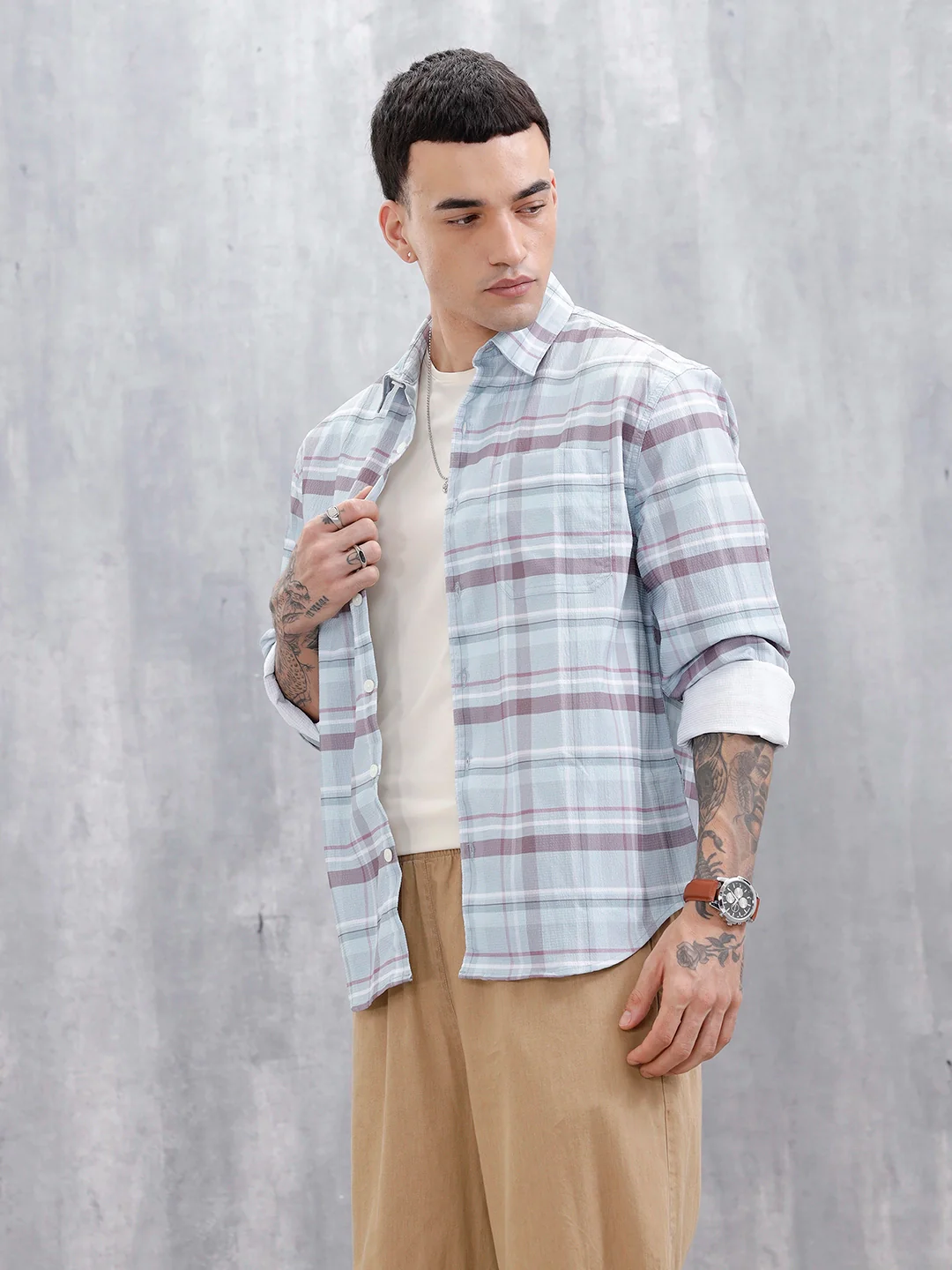 Wrogn Men's Comfot Fit Printed Checkered Shirt | Blue - Image 4