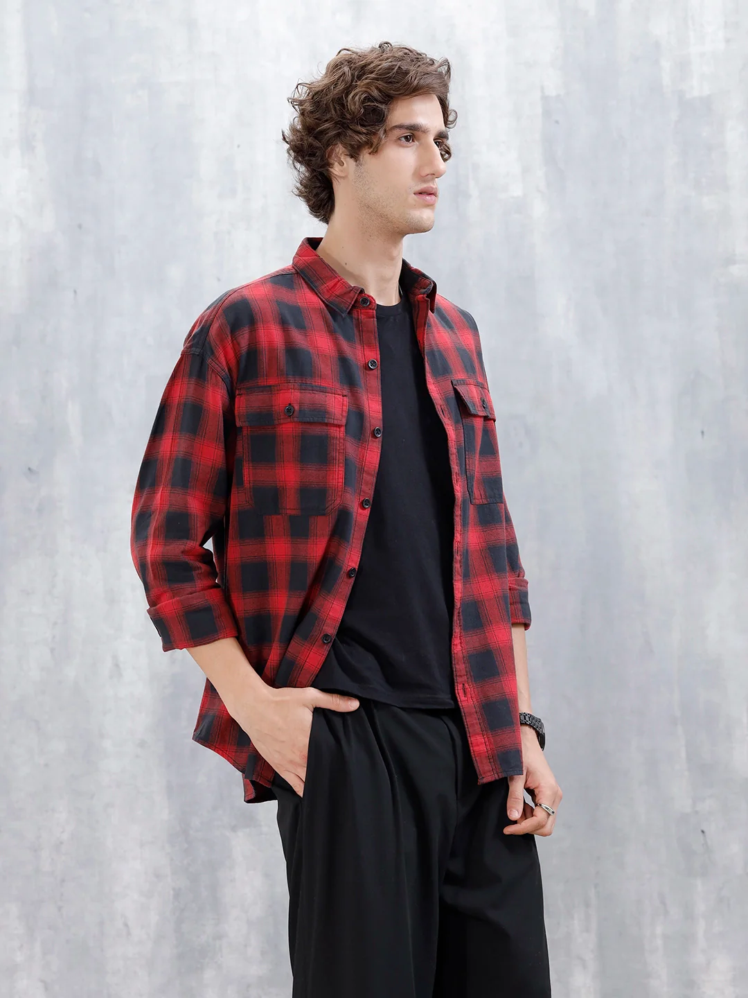 Wrogn Men's Drop-Shoulder Checked Oversized Casual Shirt | Red - Image 4