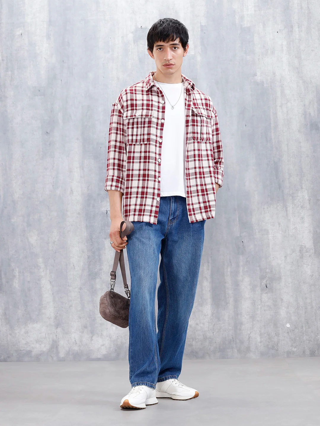 Wrogn Men's Oversized Double Pocket Checks Shirt | Red - Image 2