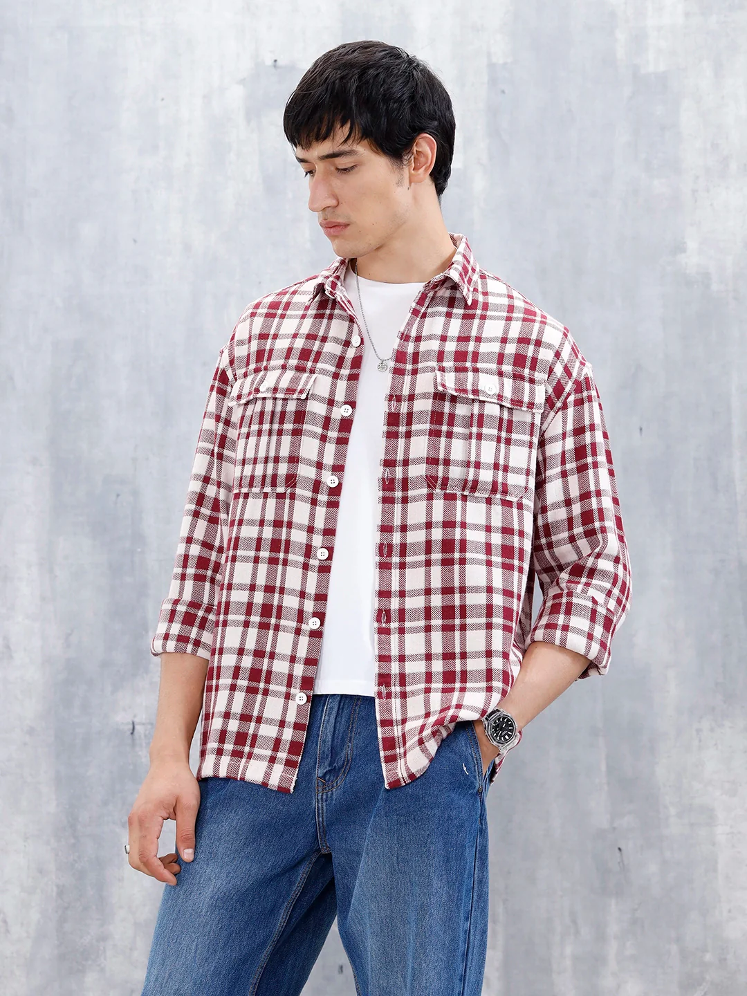 Wrogn Men's Oversized Double Pocket Checks Shirt | Red - Image 4