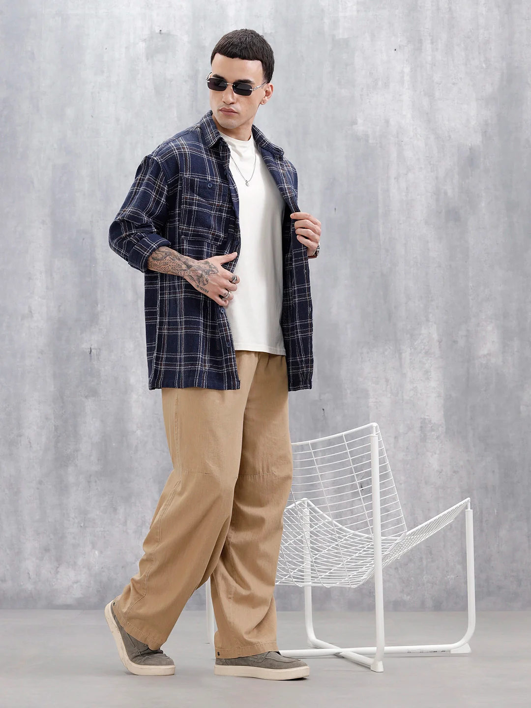 Wrogn Men's Oversized Double Pocket Textured Checks Shirt  | Navy Blue - Image 2