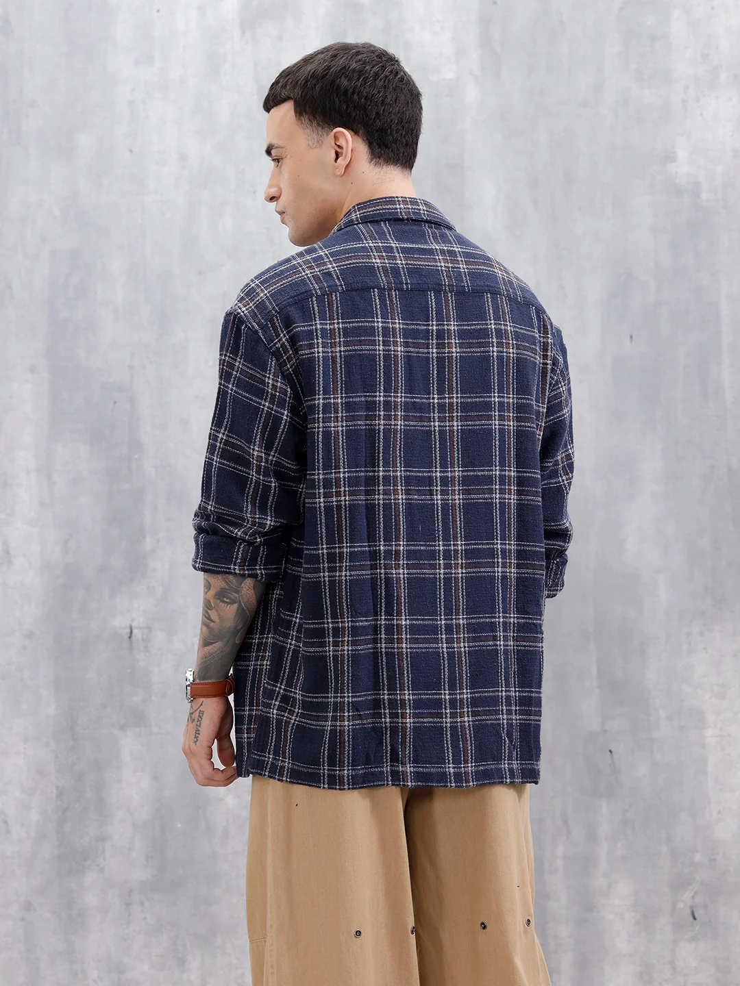 Wrogn Men's Oversized Double Pocket Textured Checks Shirt  | Navy Blue - Image 3