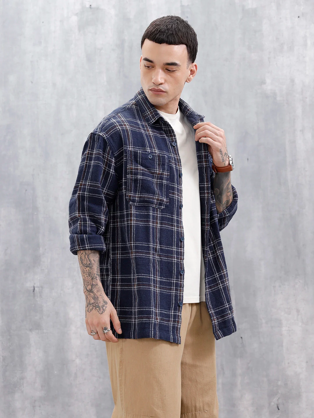 Wrogn Men's Oversized Double Pocket Textured Checks Shirt  | Navy Blue - Image 4