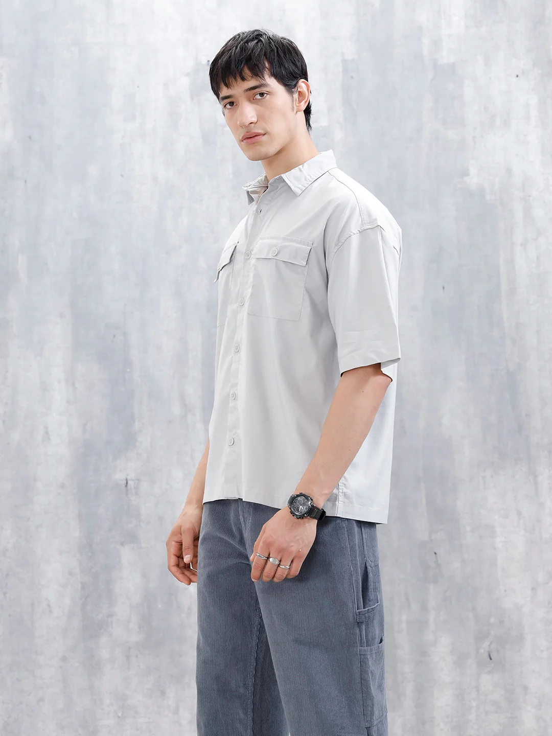 Wrogn Men's Oversized Plus Double Pocket Shirt | Grey - Image 4