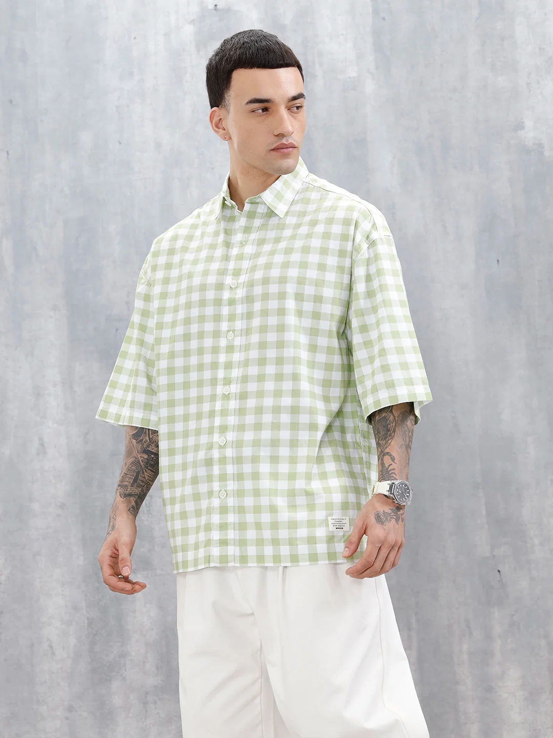 Wrogn Men's Oversized Plus Tonal Checked Shirt | Green - Image 4