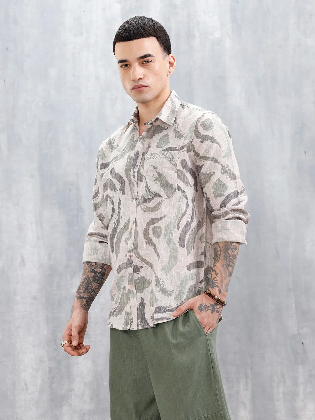 Wrogn Men's Printed Slim Fit Shirt  | Light Green - Image 4
