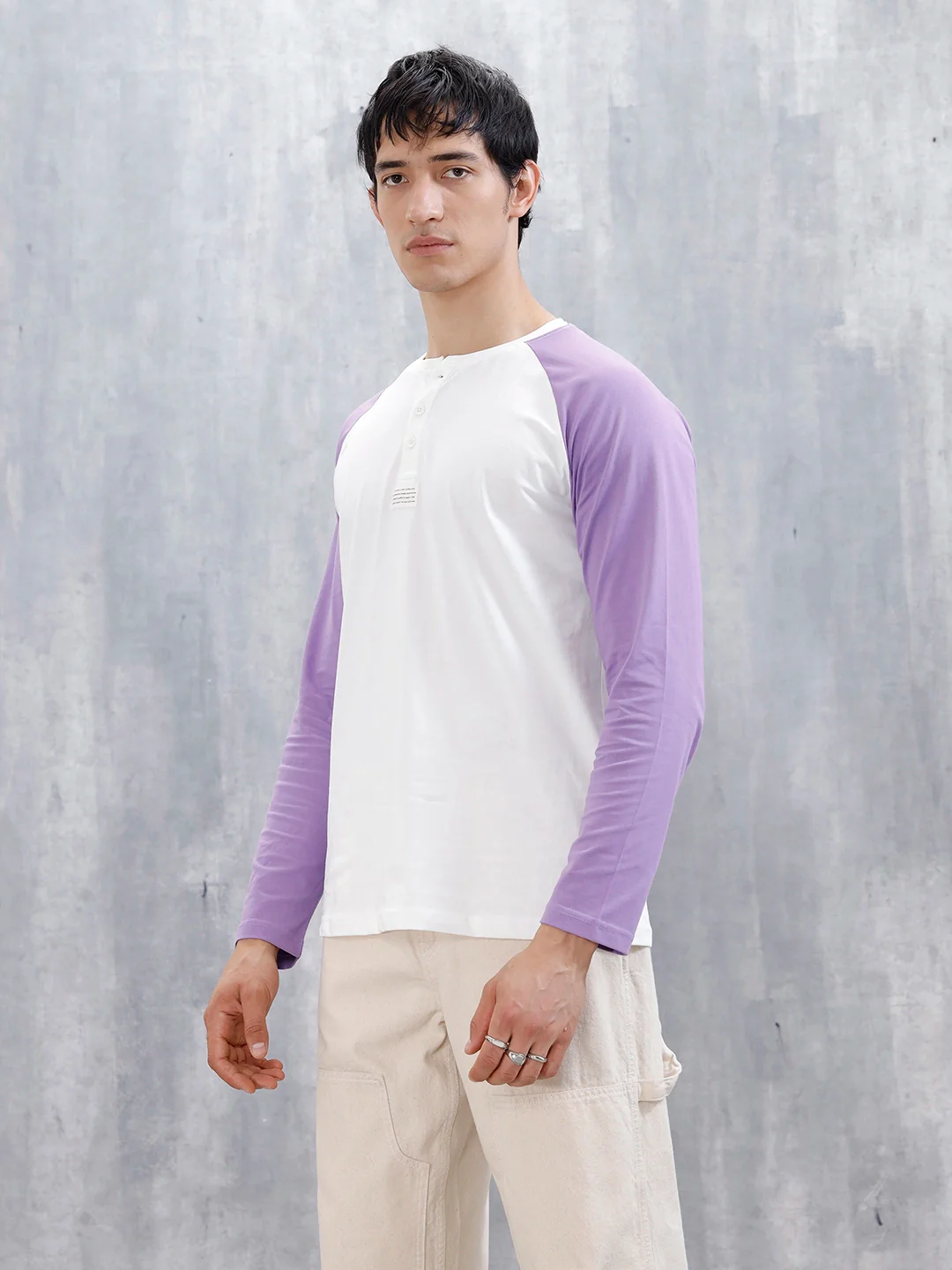 Wrogn Men's Raglan Sleeves Colorblocked Henley T-Shirt | White - Image 4