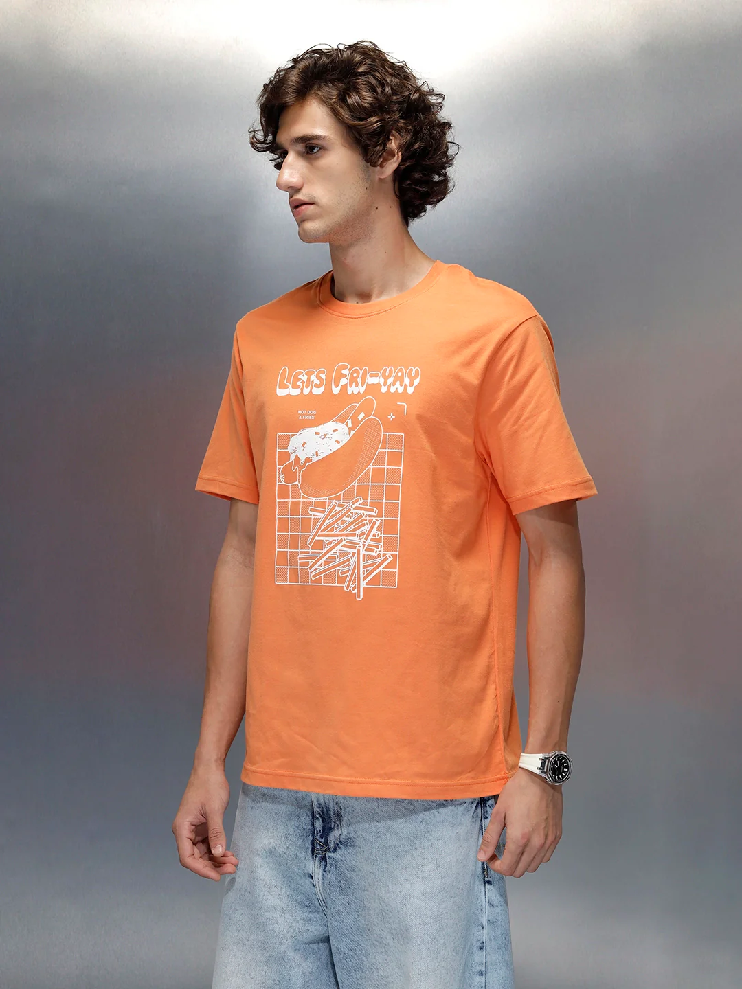 Wrogn Men's Regular Fit T-shirt with Chest Graphic | Orange - Image 4