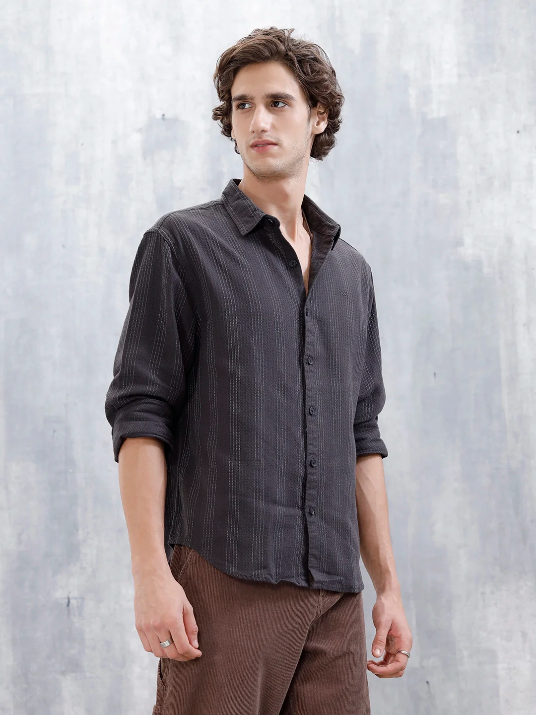 Wrogn Men's Self Stripe Structured Shirt  | Dark Grey - Image 4