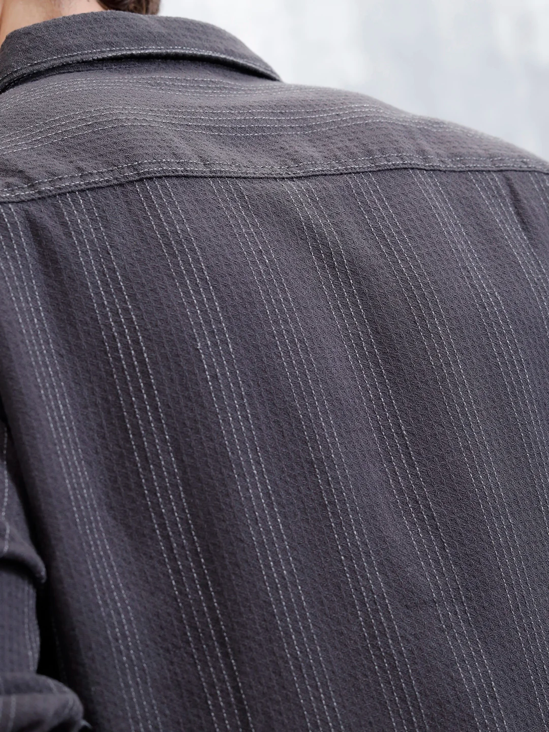 Wrogn Men's Self Stripe Structured Shirt  | Dark Grey - Image 5