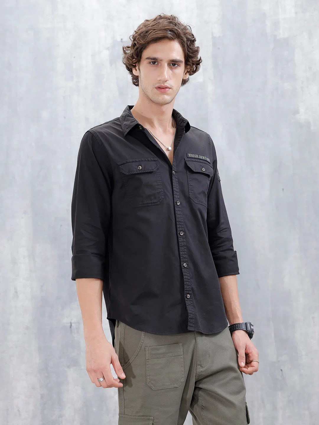 Wrogn Men's Slim Fit Double Pocket Casual Shirt | Black - Image 4