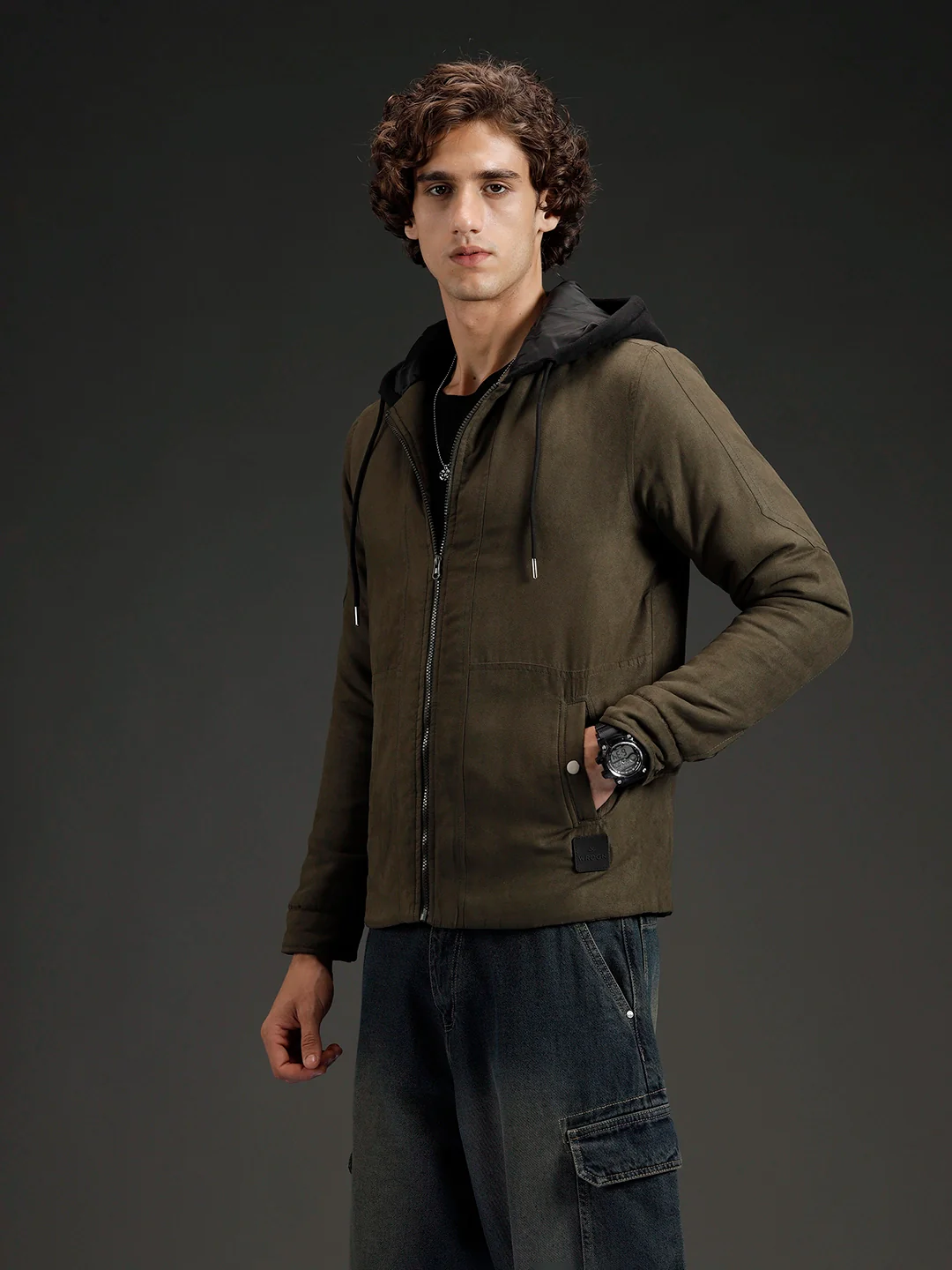 Wrogn Men's Slim Fit Hooded Jacket | Olive - Image 4