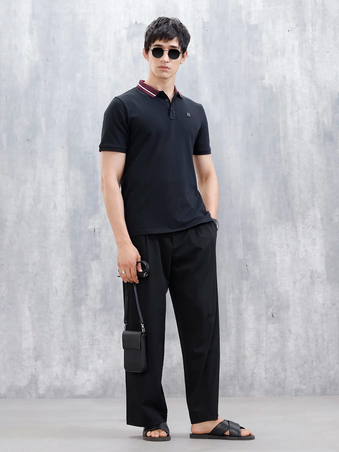 Wrogn Men's Slim Fit Polo T-Shirt With Contrast Collar | Black - Image 2