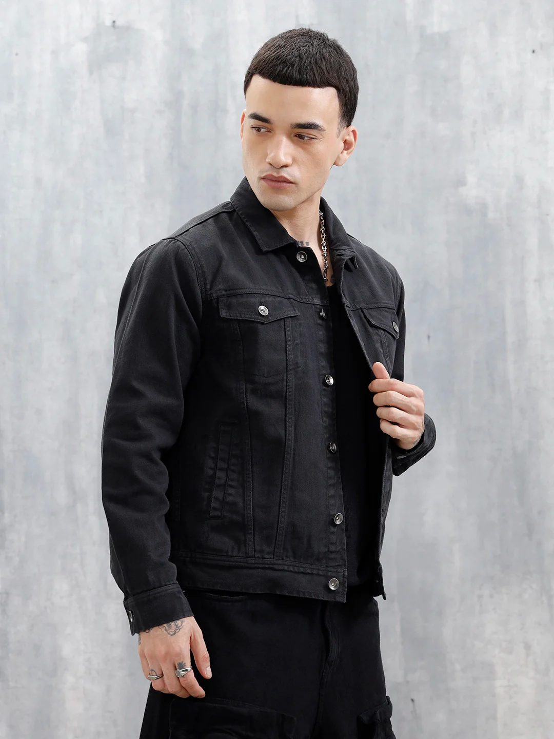 Wrogn Men's Solid Casual Denim Jacket | Black - Image 4