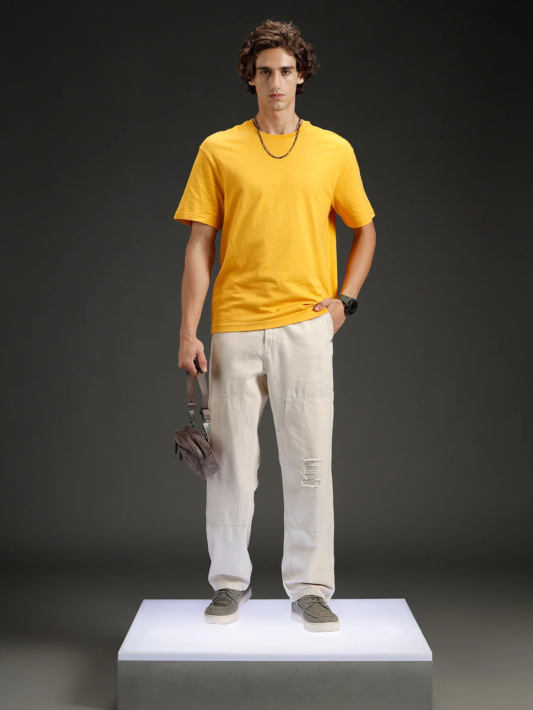 Wrogn Men's Solid Casual Oversized Tee | Orange - Image 2