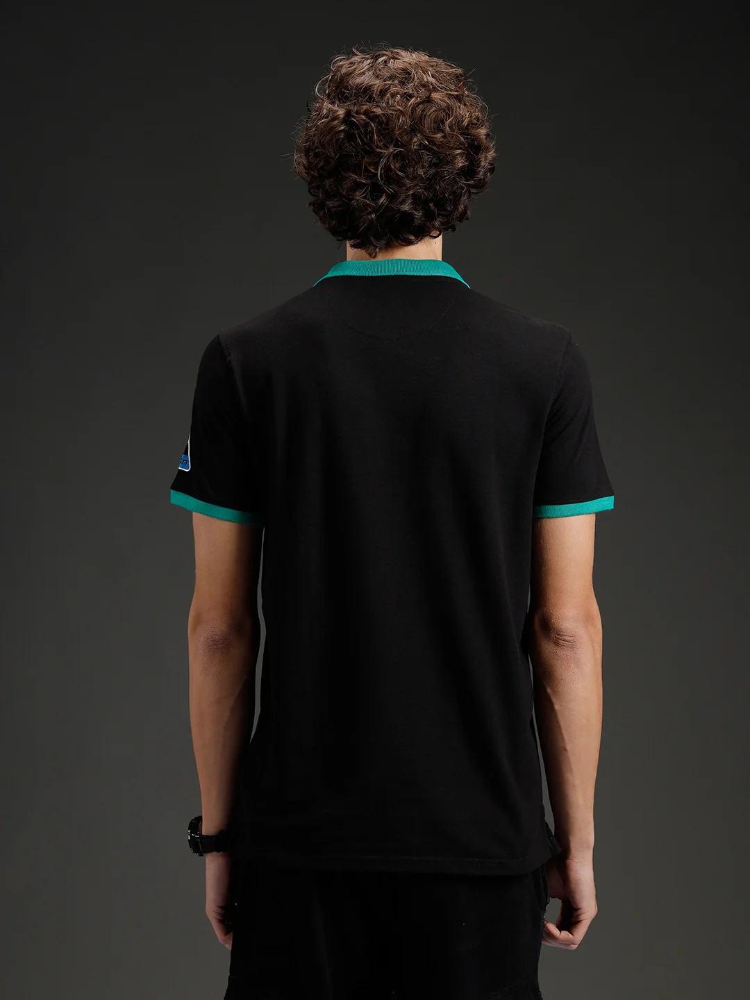 Wrogn Men's Typography Printed Contrast Collared Polo T-shirt | Black - Image 3
