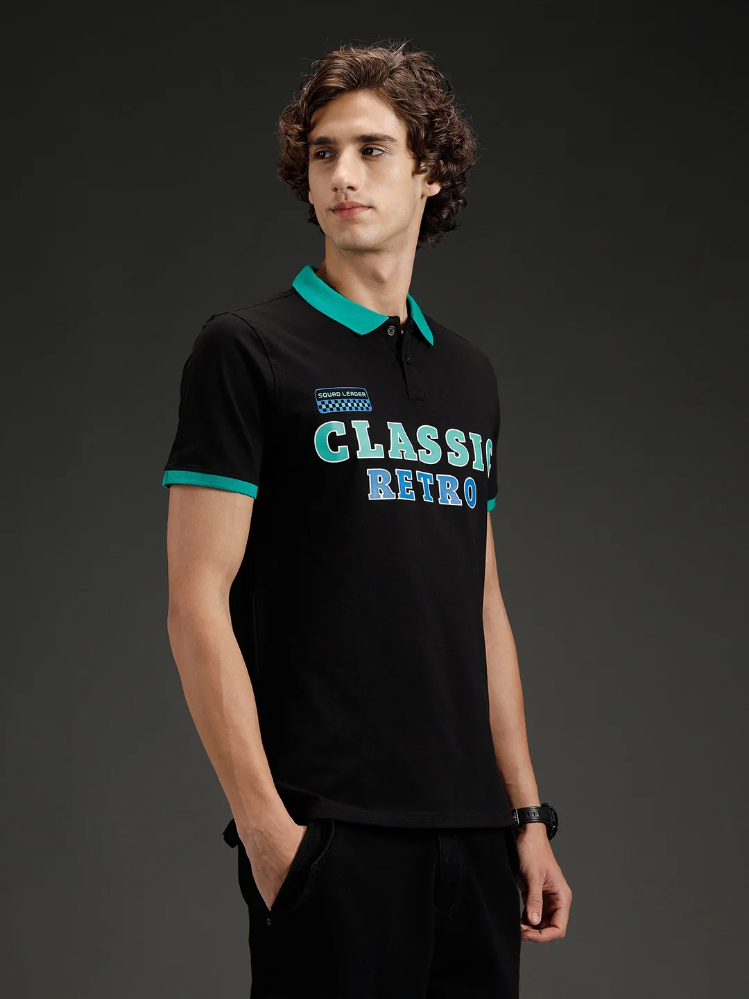 Wrogn Men's Typography Printed Contrast Collared Polo T-shirt | Black - Image 4