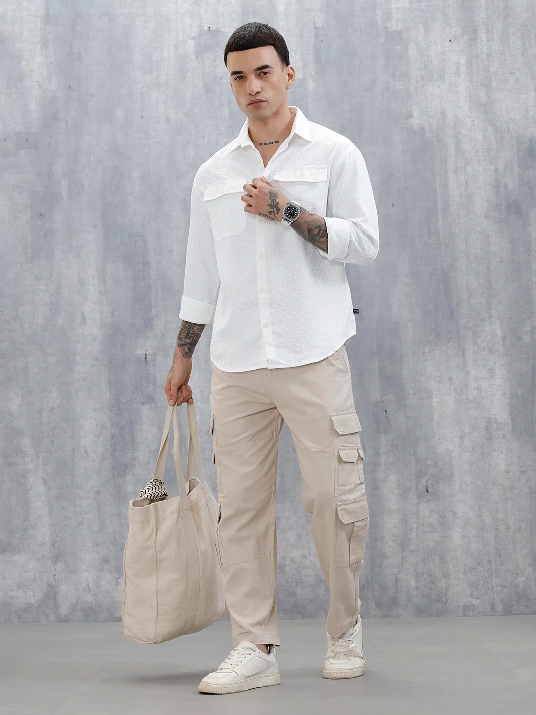 Wrogn Oversized Double Pocket Textured Shirt For Men's | Off White - Image 2