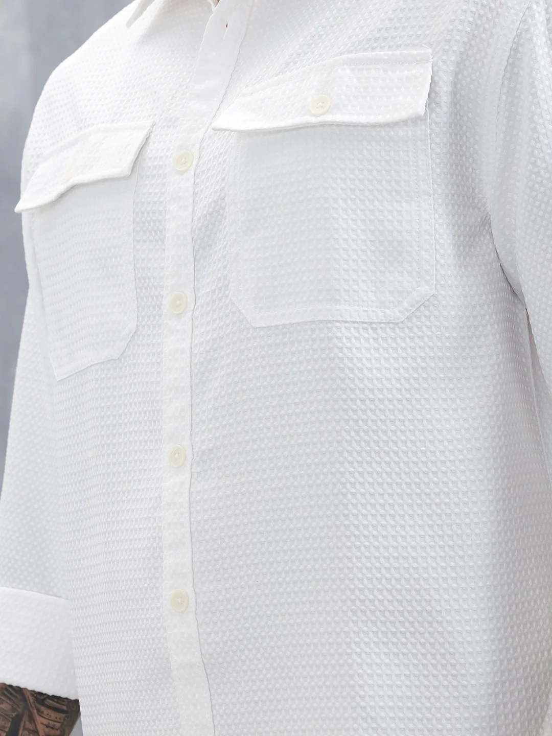 Wrogn Oversized Double Pocket Textured Shirt For Men's | Off White - Image 5