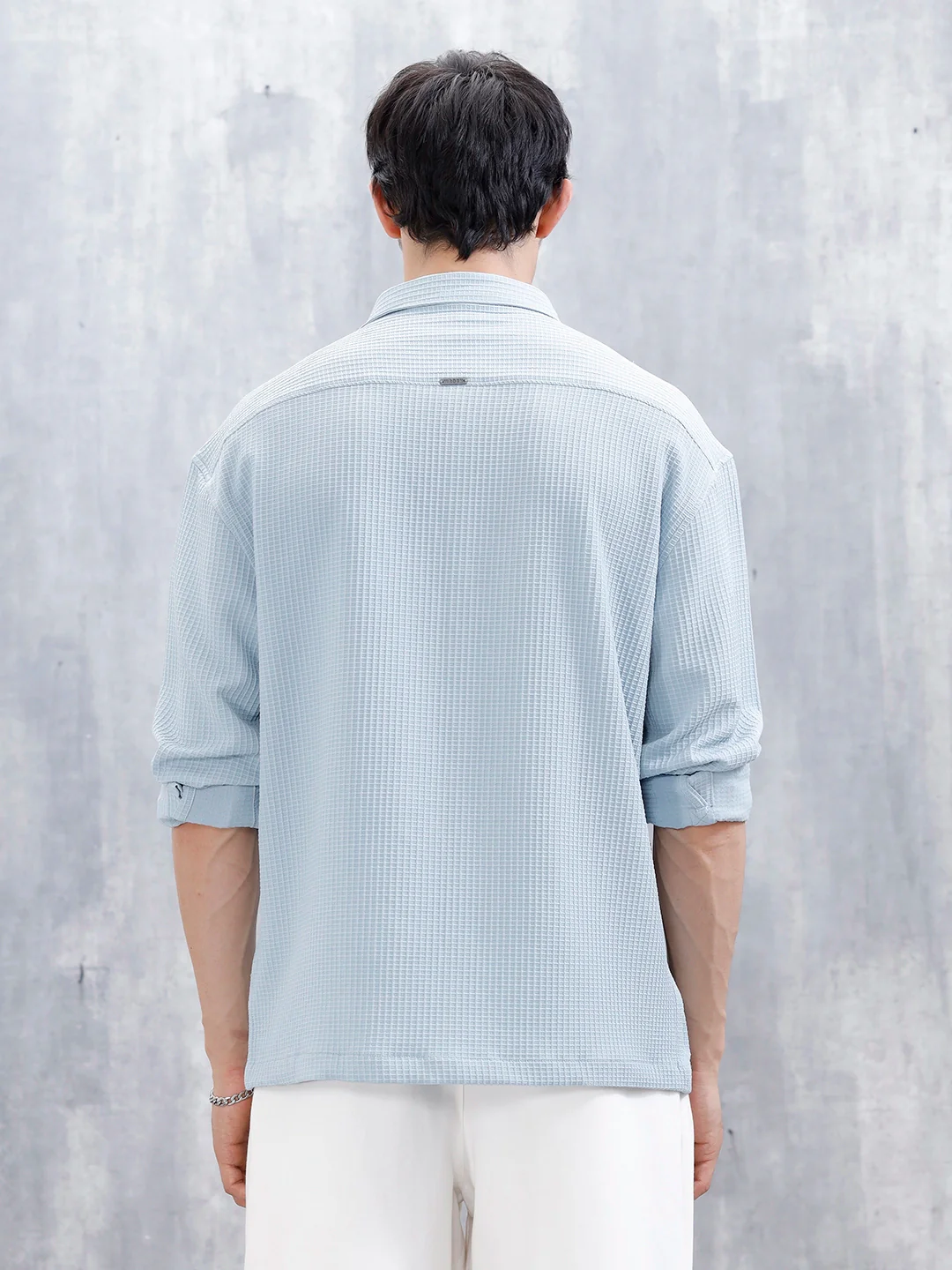 Wrogn Oversized Textured Short Sleeve Shirt With Utility Pockets | Blue - Image 3