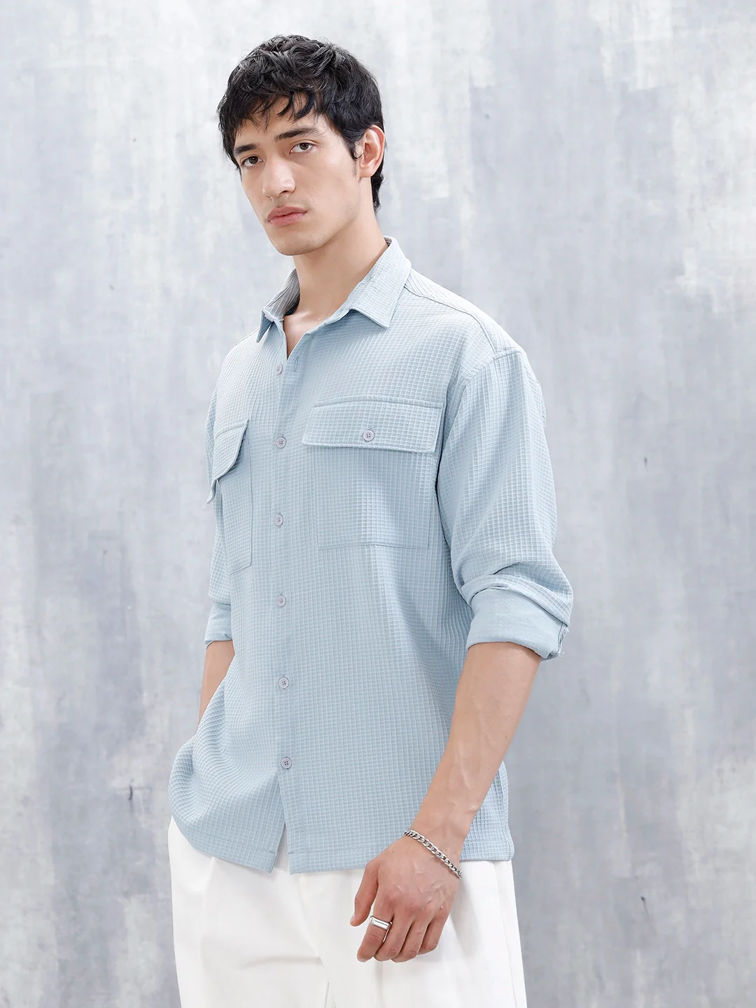 Wrogn Oversized Textured Short Sleeve Shirt With Utility Pockets | Blue - Image 4