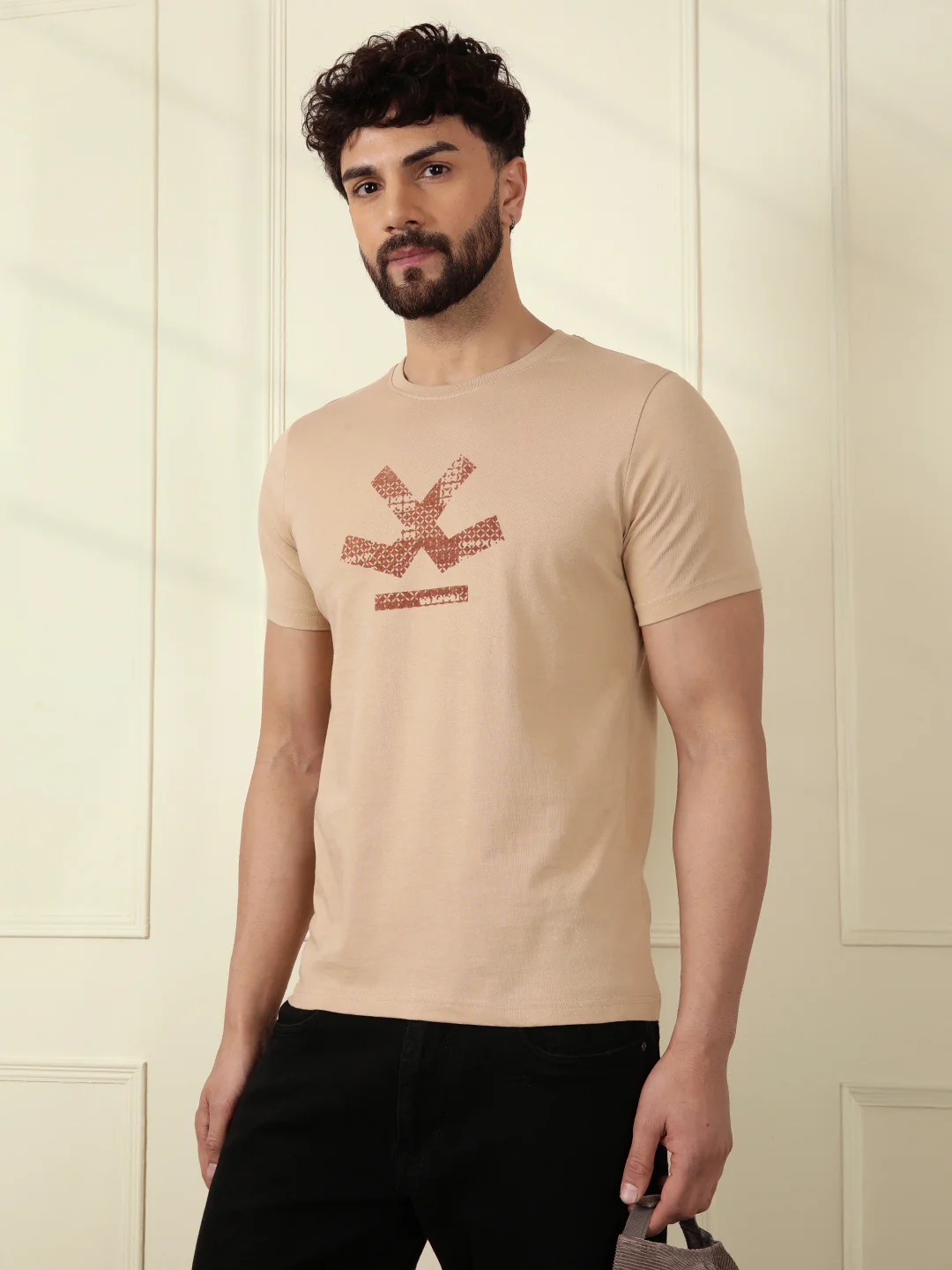 Flock Printed Slim Fit T-Shirt | Beige - Image 2