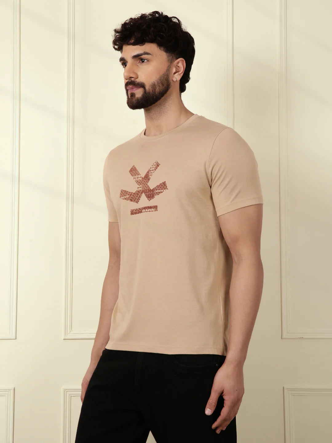 Flock Printed Slim Fit T-Shirt | Beige - Image 5