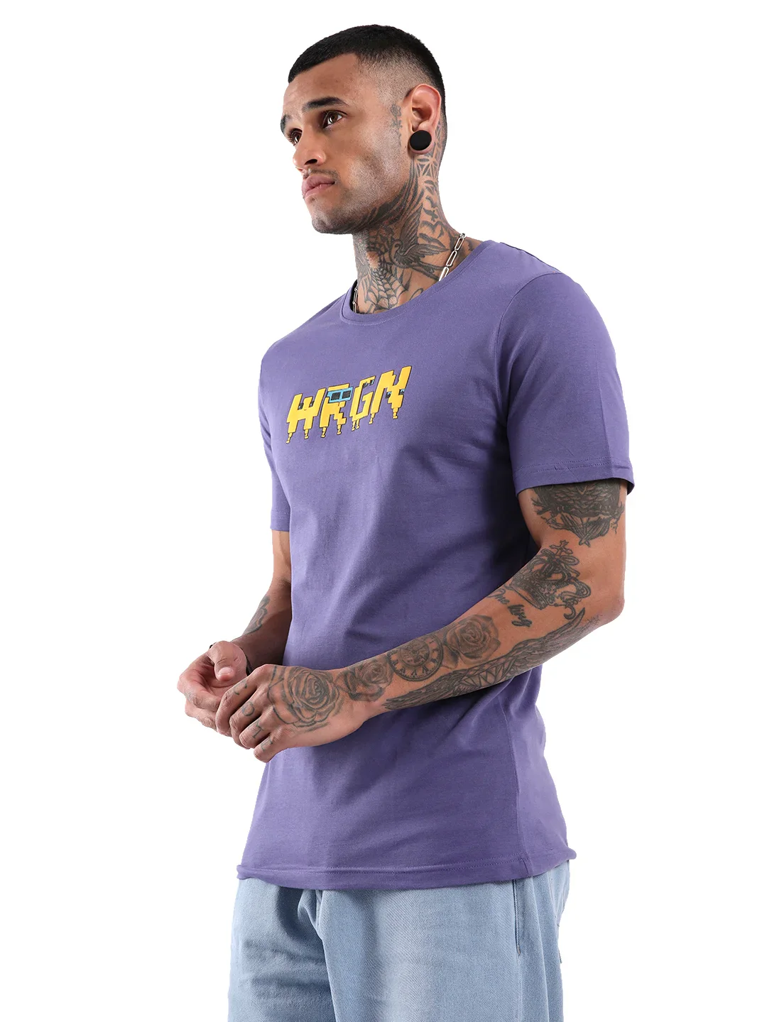 Wrogn Pixel Printed Purple T-Shirt - Image 4