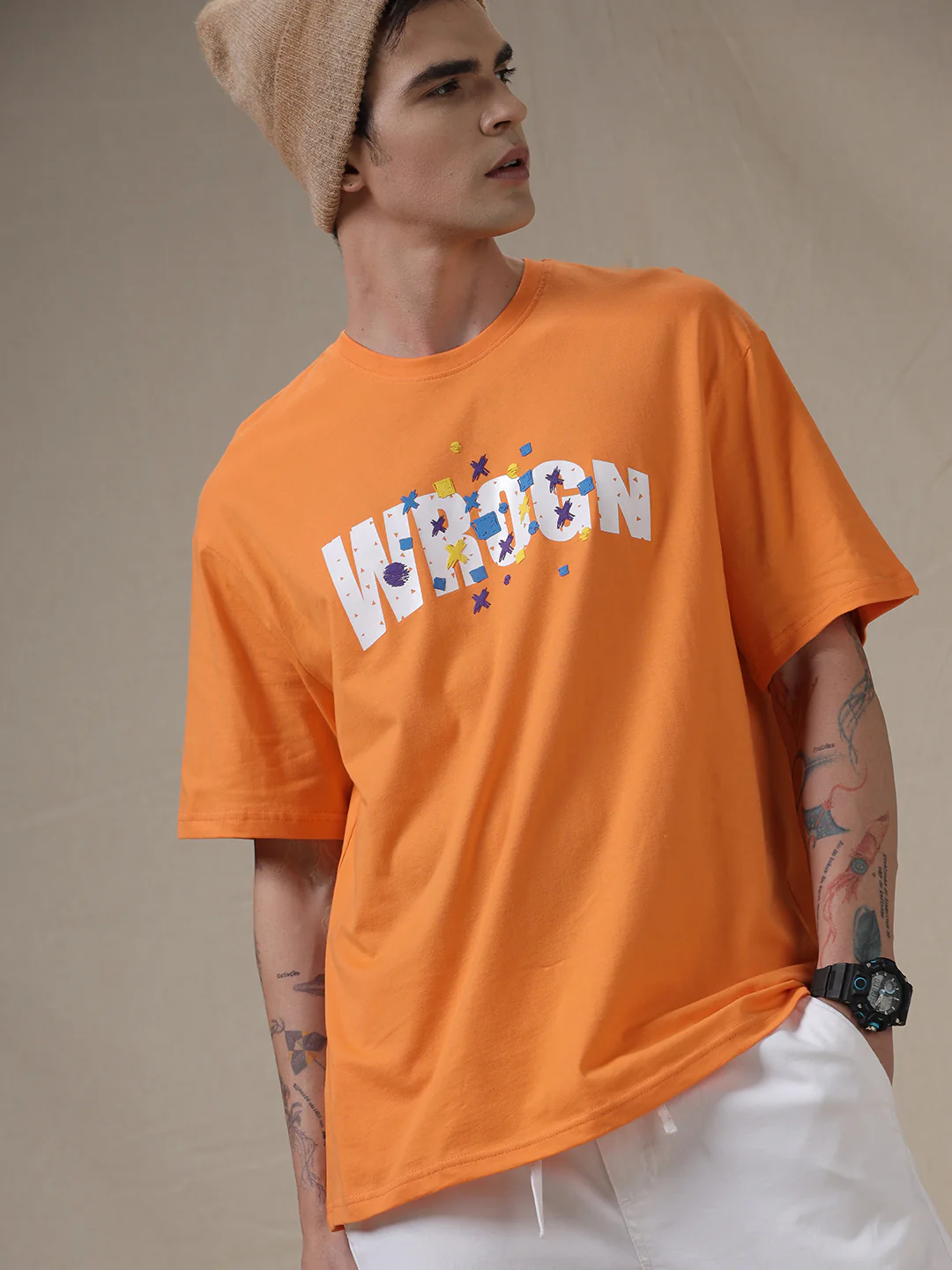 Wrogn Print Oversized Orange T-Shirt - Image 2