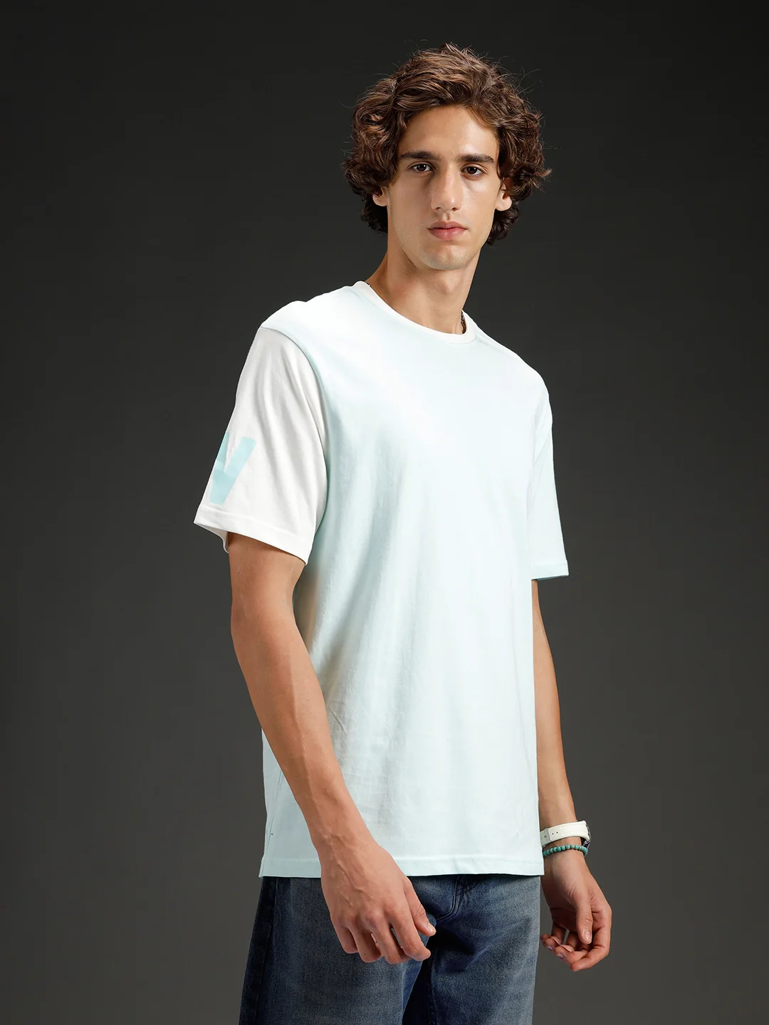 Wrogn Regular Fit Colorblocked T-shirt | Light Blue - Image 4