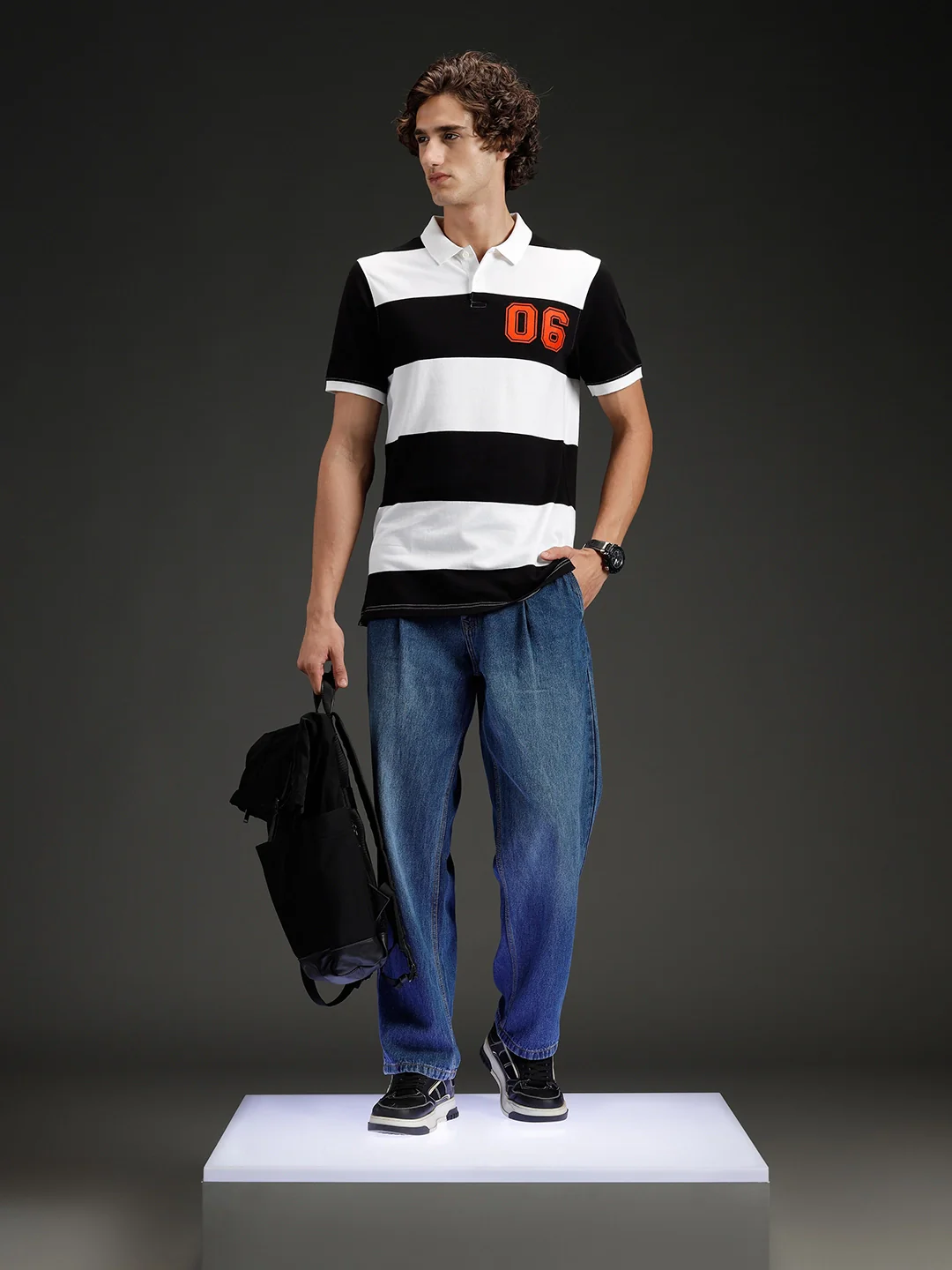 Wrogn Striped Colorblocked Varsity Polo | Black - Image 2