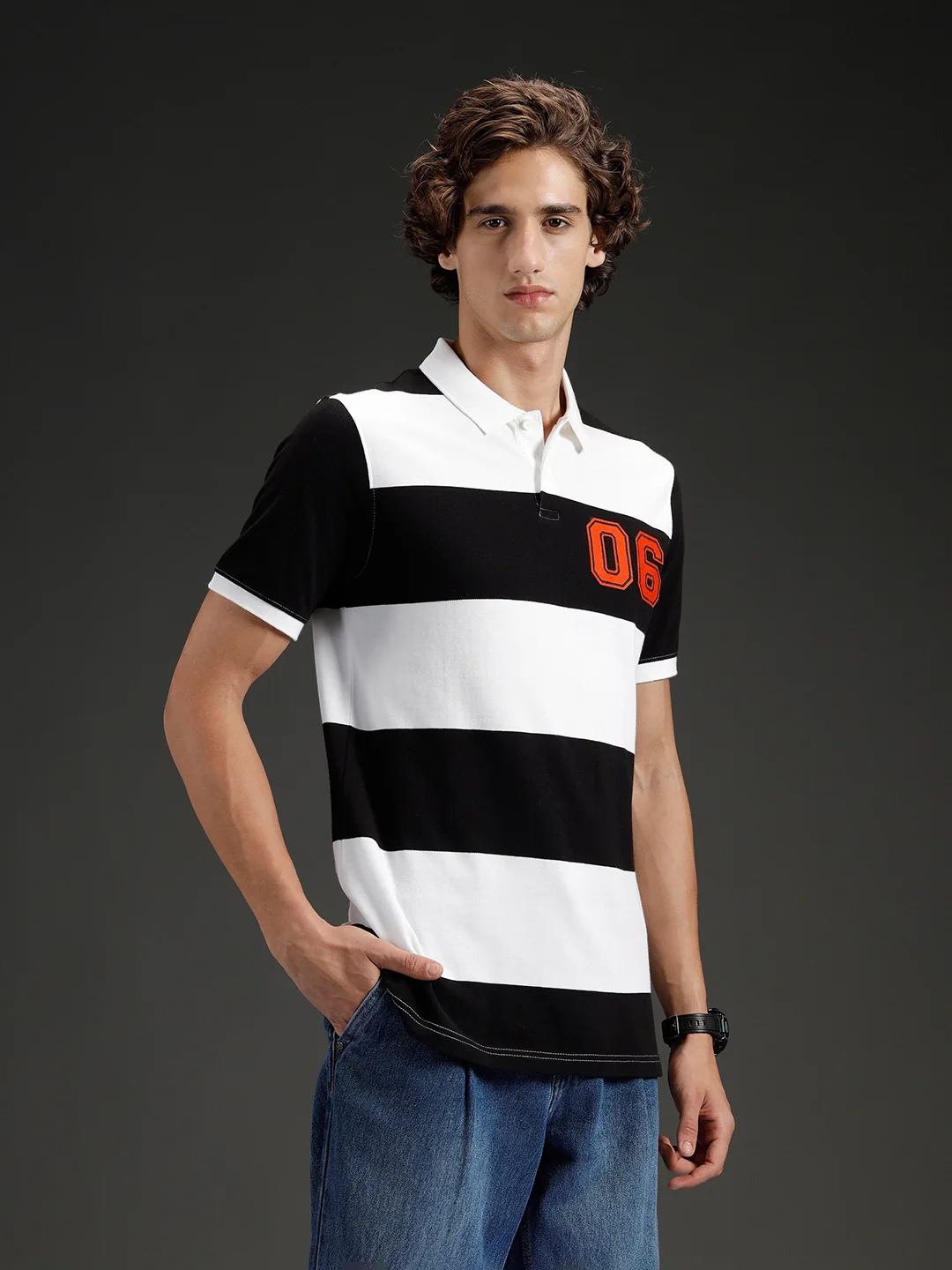 Wrogn Striped Colorblocked Varsity Polo | Black - Image 4