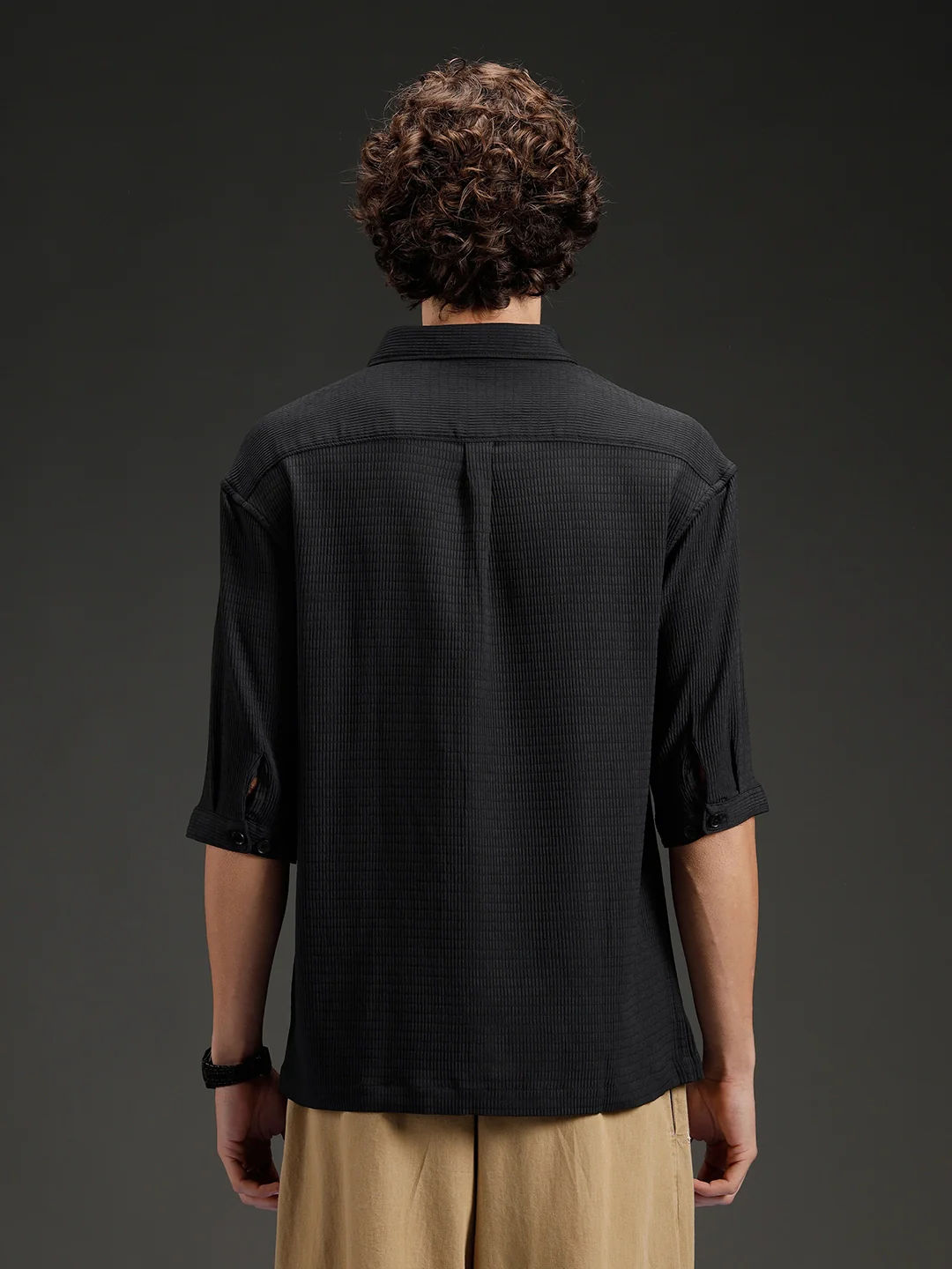 Wrogn Textured Button-Down Casual Shirt | Black - Image 3