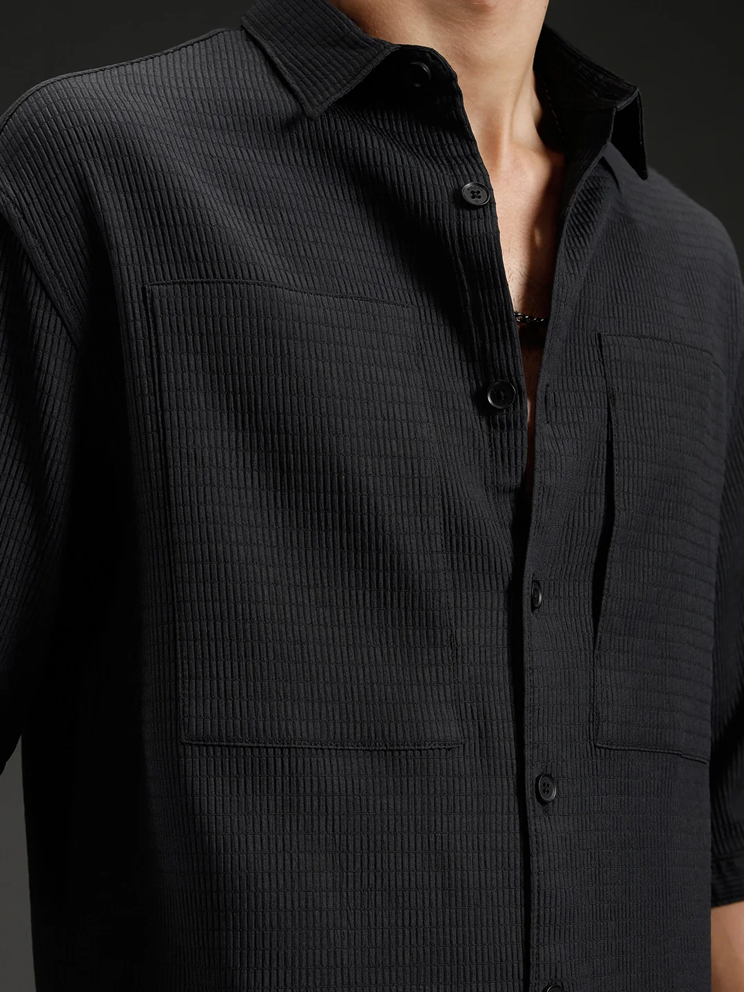 Wrogn Textured Button-Down Casual Shirt | Black - Image 5