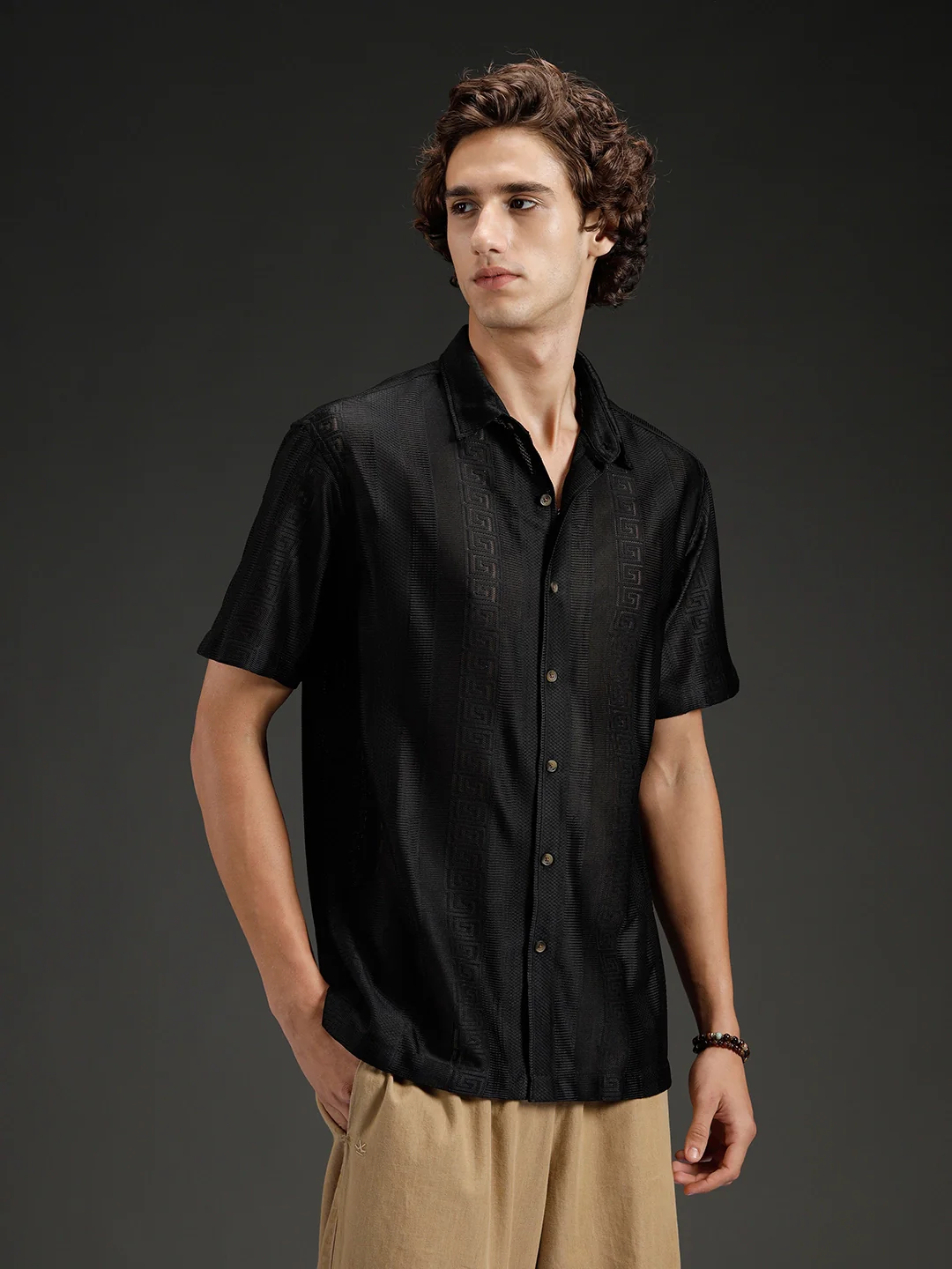 Wrogn Textured Button-Down Shirt | Black - Image 4