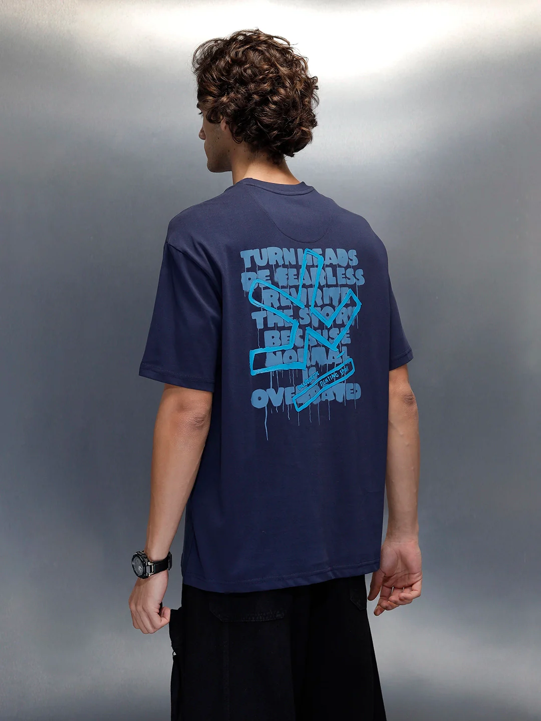 Wrogn Typography Printed Oversized T-Shirt | Navy Blue - Image 3