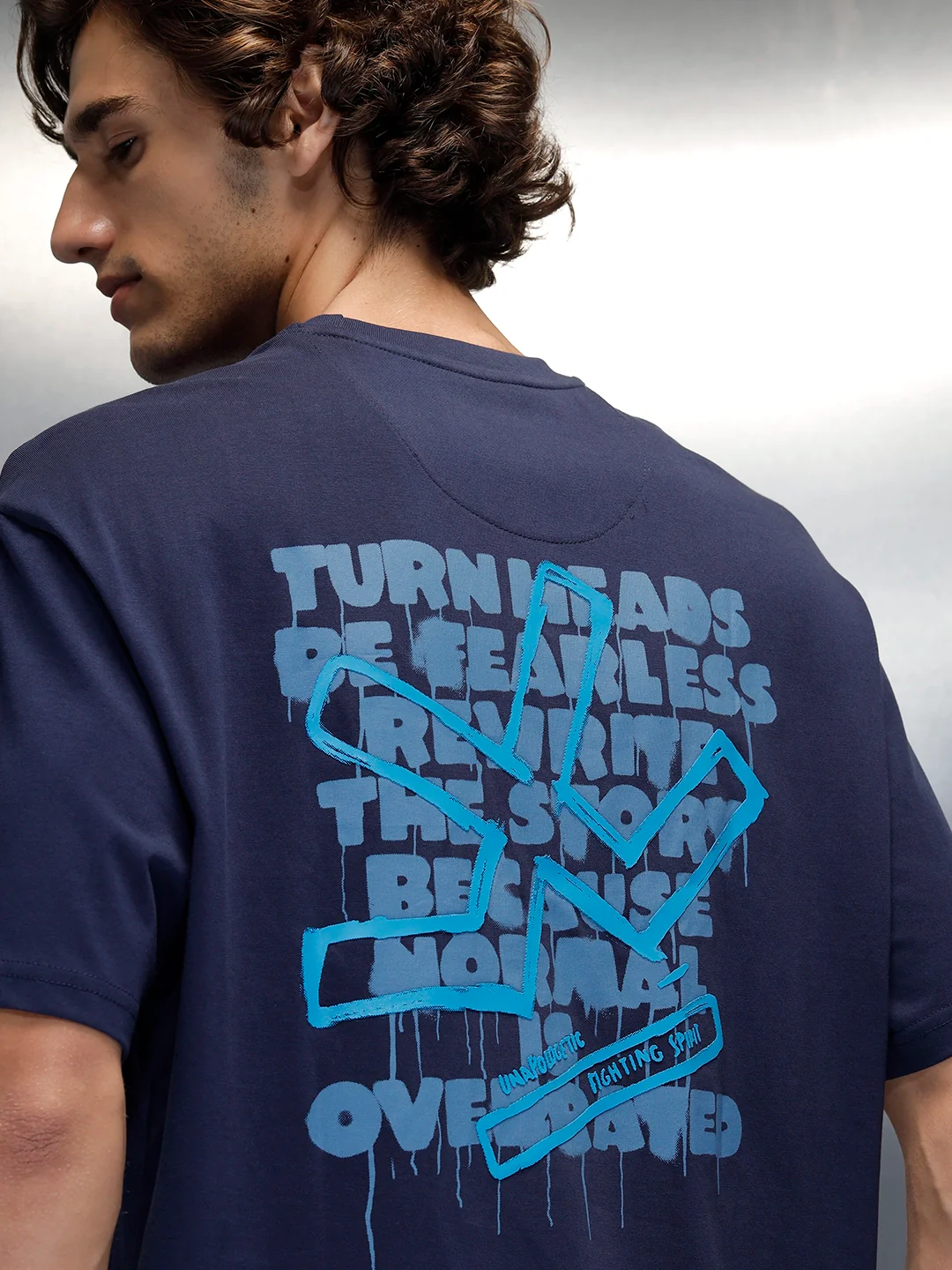 Wrogn Typography Printed Oversized T-Shirt | Navy Blue - Image 5