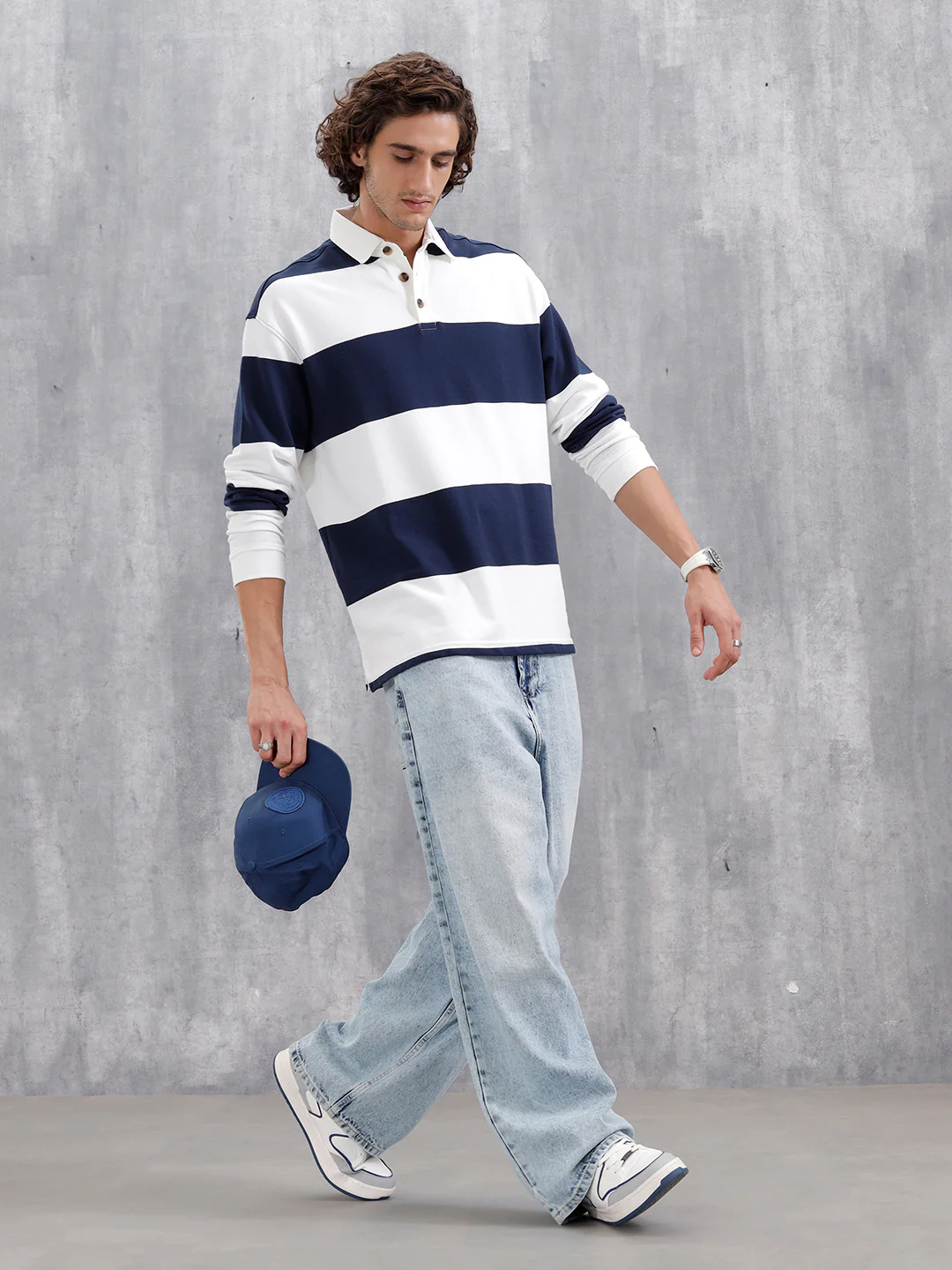 Yarn Dyed Striped Rugby Polo With Twill Collar | Navy Blue - Image 3