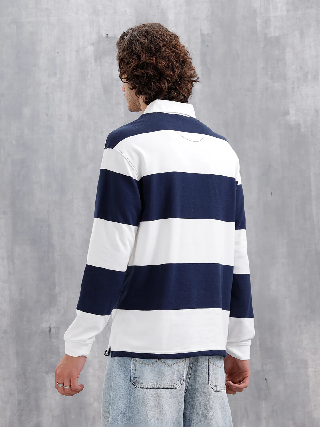 Yarn Dyed Striped Rugby Polo With Twill Collar | Navy Blue - Image 4